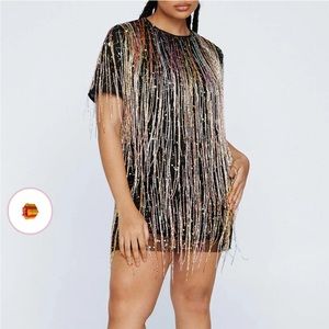 COPY - Plus Size multicolor Party fringe mesh short sleeves mini dress